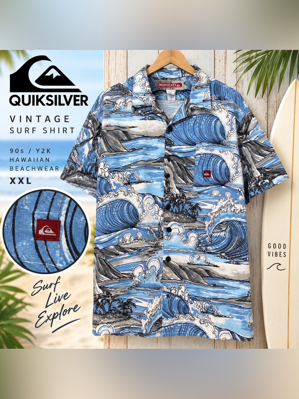Vintage Quiksilver XXL Blue Wave Hawaiian Surf Shirt 90s Y2K Cotton Rayon